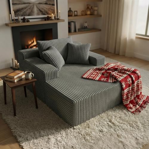 Image of Sytopia Chaise Lounge with Armrests, Oversized Sofa Bed with 3 Pillows, Cozy Couch, Sleeper Reading Chair for Living Room Bedroom, Floor Sofa Corduroy, Furniture Sala, Urban Grey