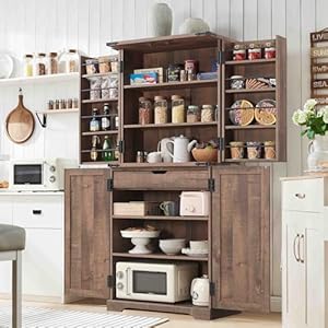 72 Tall Kitchen Pantry Farmhouse Storage Cabinet with Barn Doors Organizer Drawer and Adjustable Shelves Rustic Wood Cupboard for Kitchen Dining Room Bathroom Rustic Brown