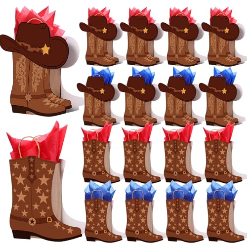 Mooliwe 24 Pcs Cowboy Cowgirl Boots Bags with Tissue Paper Western Theme Party Favors Wild West Girls Kraft Bags Bachelorettes Theme Last Rodeo Party Supplies Cowgirl Favors (Brown)