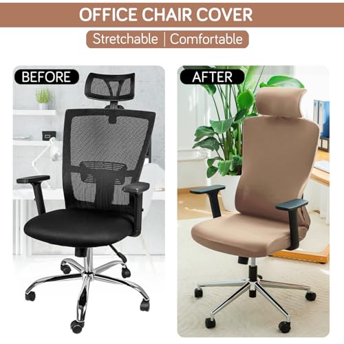 Image of HOKIPO 'SereneSolids' 140 GSM Office Chair Cover with Headrest (High-Back) - Stretchable Fabric - Washable, Anti-Slip Fit for Ergonomic Mesh Office Chairs, Dark Camel (AR-5369-DCML)
