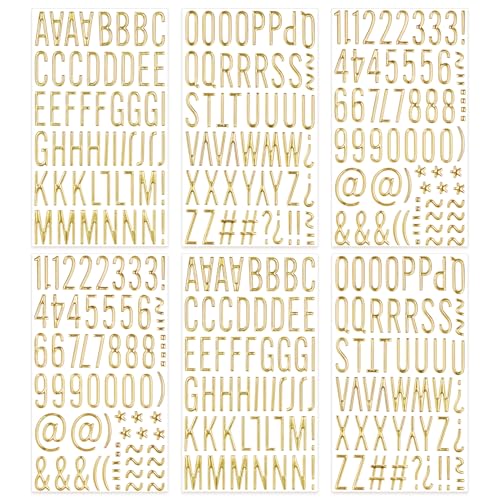 6 Sheets Gold Puffy Letter and Number Stickers 1 inch