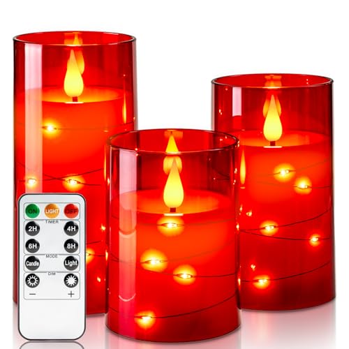 Image of Amagic Red Flameless Candles 3 Set, Flickering Battery Operated Candles Embedded Fairy String Light, Realistic Pillar Candle with Remote Control and Timer, Acrylic, D3 x H4 5 inch 6 inch