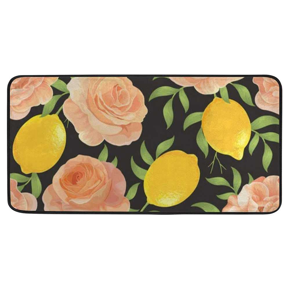 Orange Color Rose Flower and Yellow Lemons Kitchen Rugs and Mats Machine Washable Area Rugs Non Slip Rug Absorbent Mat Carpets for Floor, Kitchen, Bathroom, Office 39"x 20"