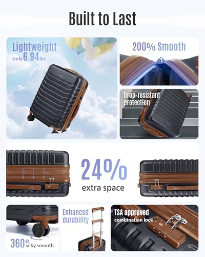 Image of LIGHT FLIGHT Expandable Carry On Luggage 22x14x9 Airline Approved with Double Spinner Wheels, 20 Inch Lightweight Hard Shell Rolling Suitcases with TSA Lock, Black Brown