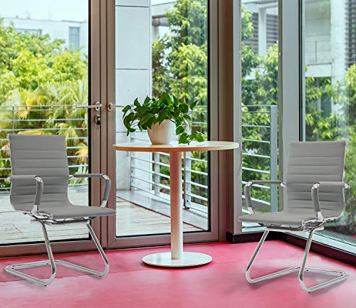 Image of Conference Room Chairs Set of 2, Waiting Room Chairs with Arms, Faux Leather Reception Chairs No Wheels, Office Guest Chairs with Mid Back Support and Chrome Sled Base, Grey