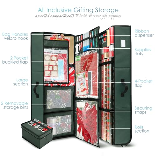 Image of Hearth & Harbor Holiday Storage with Extra 2 PC of Christmas Storage Bins and Ribbon Storage Organizer - Fade Resistant Wrapping Paper Storage Containers with Wheels Fits Up to 30 Rolls of 40 inch Length