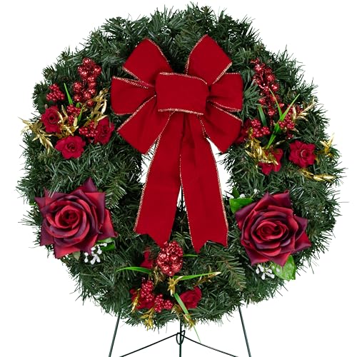Wreath Decoration-Artificial Greenery Wreath for Home Décor - Christmas Wreath - 21 inch - Plaid Packages and Holly with a Velvet Bow on 28 inch Tall Easel Stand