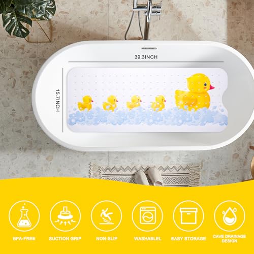 Image of PRATIQUE Kids Bath Mat for Tub Non Slip，40 X 16 Inch Extra Long Kids Bathtub Mat Duck Print Bathtub Shower Mat Safety Anti Slip with Suction Cups and Drain Holes, Machine Washable