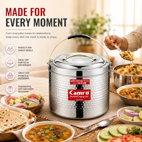 Image of Camro Sambar Pot Hammered | Sambar Pot with Lid | Casserole for Cooking | Canteen & Hotel Casserole Container | Picnic Hot | Biryani Box Hot & Cold Serving (5 Liters)