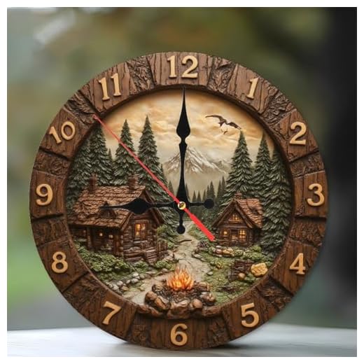 Lancholy Rustic Cabin Mountain Scene Wall Clock Wood Log Cabin Home Decor 10-Inch Wooden Wall Clock, Silent Movement, Perfect for Living Room Bedroom Bathroom Home Decor