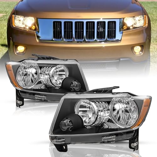 TUSDAR Halogen Headlight Assembly Set for 2011-2013 Compass/ 2011-2013 Jeep Grand Cherokee (Not Cherokee) Headlamp Replacement Black Housing with Amber Reflector Not fit Factory HID Model