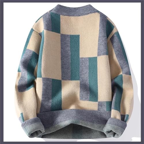 Men's Round Neck Sweater, Winter Thickened and Warm Bottom Sweater, Plaid Knit Sweater(2XL)2