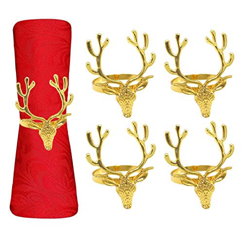 Christmas Deer Napkin Rings- 4 Pcs Gold Elk Deer Head Napkin Ring Holder Serviette Napkin Buckle for Table Decor, Wedding, Party Dinner, Thanksgiving