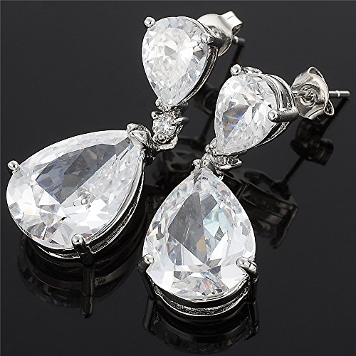 Rizilia Celebox Teardrop Dangle Pierced Earrings With Pear Cut Cz [White Cubic Zirconia] In White Gold Plated, Celebrity Inspired By Angelina Jolie #TOP2