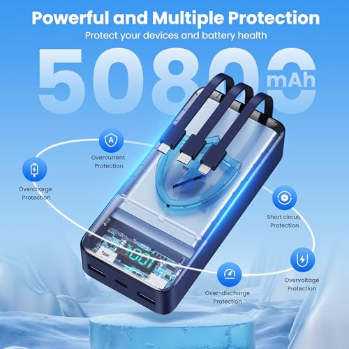 Image of Portable Charger 50800mAh Power Bank with 3 Built in Cables,25W PD QC4.0 Fast Charging USB C Battery Pack,6 Outputs 2 Inputs Travel Essentials Phone Charger for iPhone 17 /16 /15,Google,Android,Blue