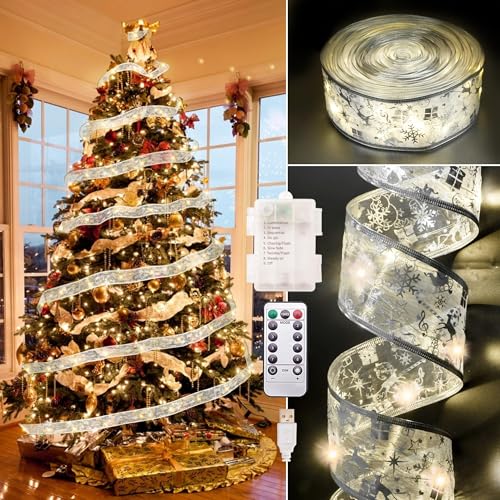 Exltoy Christmas Ribbon Lights, 33Ft 100 LED Tree Decorations with Remote, Battery & USB Powered, 8 Modes, Timer, 2.5 Inch Double-Layer Gold Edge Organza Fairy String Lights for Xmas Tree Decor