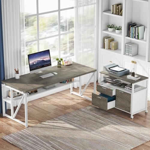 Image of Tribesigns L Shaped Desk with Drawer Cabinet, 63 inch Executive Computer Desk and lateral File Cabinet, 2 Piece Home Office Furniture with Drawers for Hanging File, Doors with Locks (Dark Oak, 63-inches)