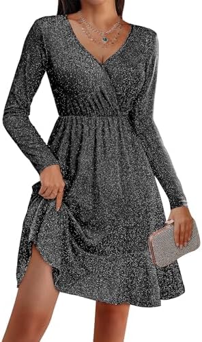 Zeagoo Kleid Damen Elegant Glitzerkleid V-Ausschnitt Langarm Partykleid | Minikleid | Festliche Paillettenkleid | Cocktailkleid | mit Rüschen | S-2XL