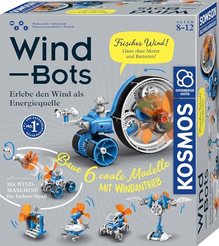 KOSMOS 621056 Wind Bots, Experimentieren mit erneuerbaren Energien für Kinder ab 8 Jahren, Bausatz für 6 Verschiedene Roboter-Modelle, Antrieb durch Windkraft, inklusive Windmaschine