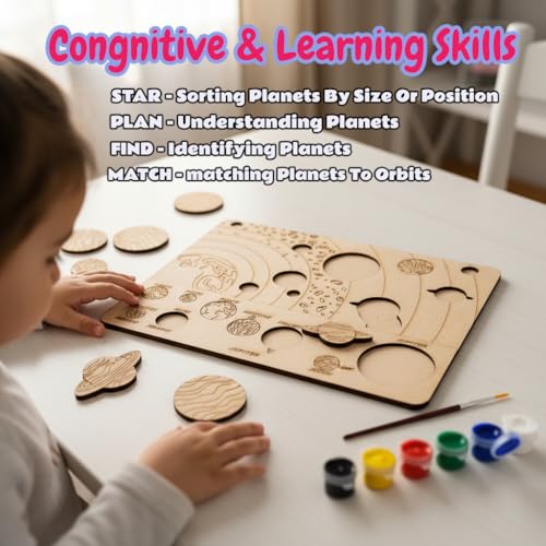Image of BAGJI TOYS Solar System DIY Painting Puzzle Kit for Kids, Wooden Educational Craft Set with 10 Planet Cutouts, 12 Paints, Brush and Information Leaflet, Size 30x20 cm (Science Fiction)