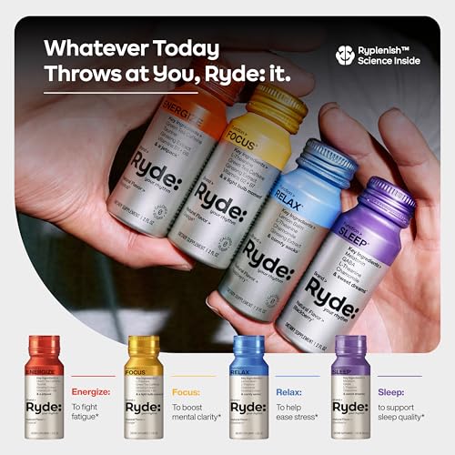 Image of Ryde Discovery Pack, Energize, Focus, Relax & Sleep Shots, Green Tea Caffeine, Ginseng, B Vitamins, L-Theanine, Lemon Balm, Chamomile, Melatonin, 0 Calories, 0 Sugar, Variety Pack (8 Pack)