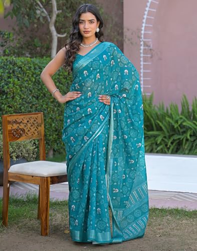 Image of SIRIL Women's Printed Cotton Saree with Unstitched Blouse Piece