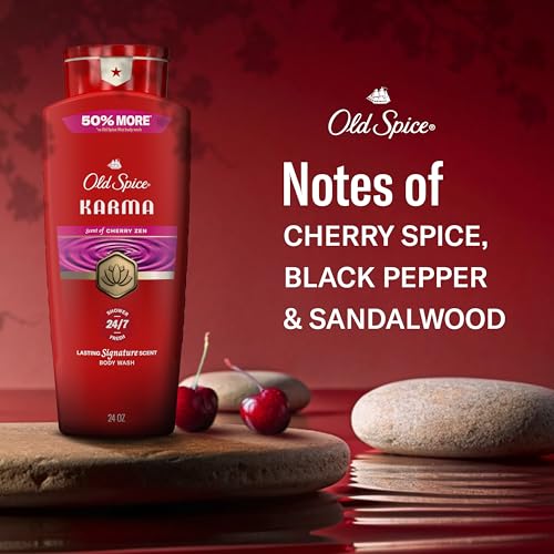 Image of Old Spice Body Wash for Men, 24 /7 Shower Fresh & Clean w /Daily Use, Lasting Signature Scent, Refreshing Lather, Moisturizing Formula, Karma with Cherry Spice, Black Pepper, & Sandalwood Scent, 24 oz