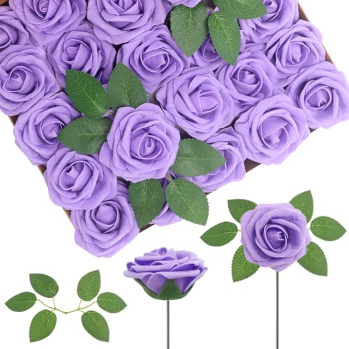 WANTMAZOR 200PCS Purple Realistic Roses - Artificial Latex Foam Flowers with Bendable Stems & 100PCS Leaves for Wedding, Home and Party DIY Decor