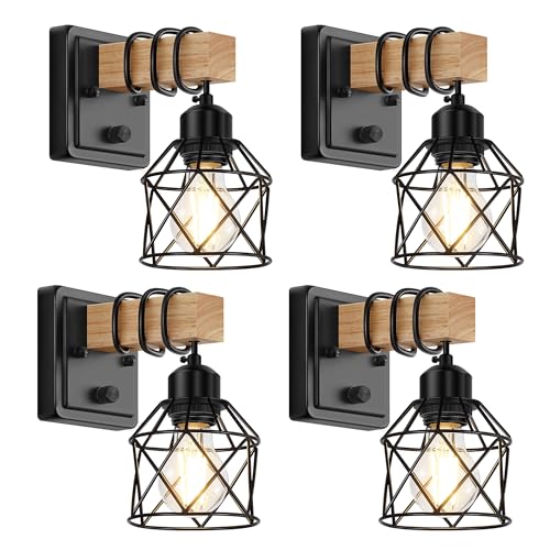 Image of FadimiKoo Farmhouse Wall Sconces 4 Pack, Bedside Wall Lamps with Dimmer ON /Off Switch, Black Wall Light Fixtures with Metal Cage, Rustic Wooden Sconces Wall Lighting for Living Room, Hallway, Bathroom