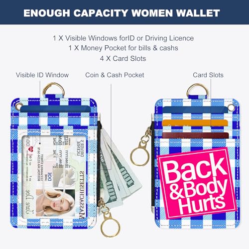 Slim Wallet Credit Card Holder, Blue Checkered X, RFID Wallet Women Cute Small Front Pocket Wallet With Zipper, PU Leather Thin travel RFID Blocking Card Case ID Window,Ladies Gifts2