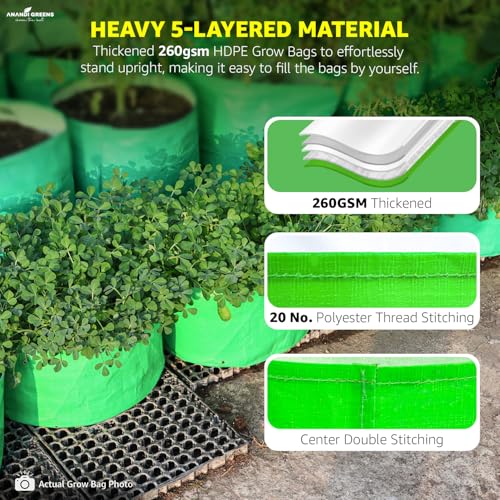 Image of Anandi Green's HDPE Uv Protected 260 GSM Round Green Colour Plants Grow Bags Suitable for Terrace and Vegetable Gardening 12x6 Inch Pack of 10 Grow Bags