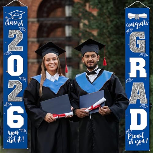 Image of Graduation Decorations Class of 2026 | Congrats Grad Banner - Porch Sign Blue Silver | Grad Party Decorations Graduates Party Supplies