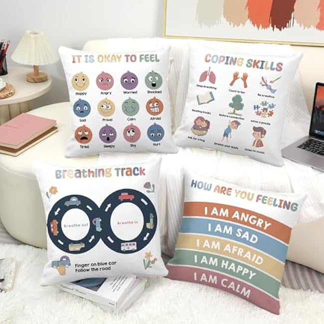 2Pcs Feelings Pillow Covers 18in Classroom Must Haves Calming Corner Item Mental Health Throw Pillowcase Kids Home Preschool Decorations Counselor Office Sensory Reading Room Calm Down Corner Supplies
