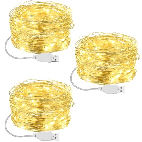 Macarrie 3 Pcs Fairy Lights USB Powered 16 ft 50 LED String Lights for Indoor Outdoor Bedroom DIY Party Wedding Home Festival Tree Garden Xmas Decoration (Warm White)