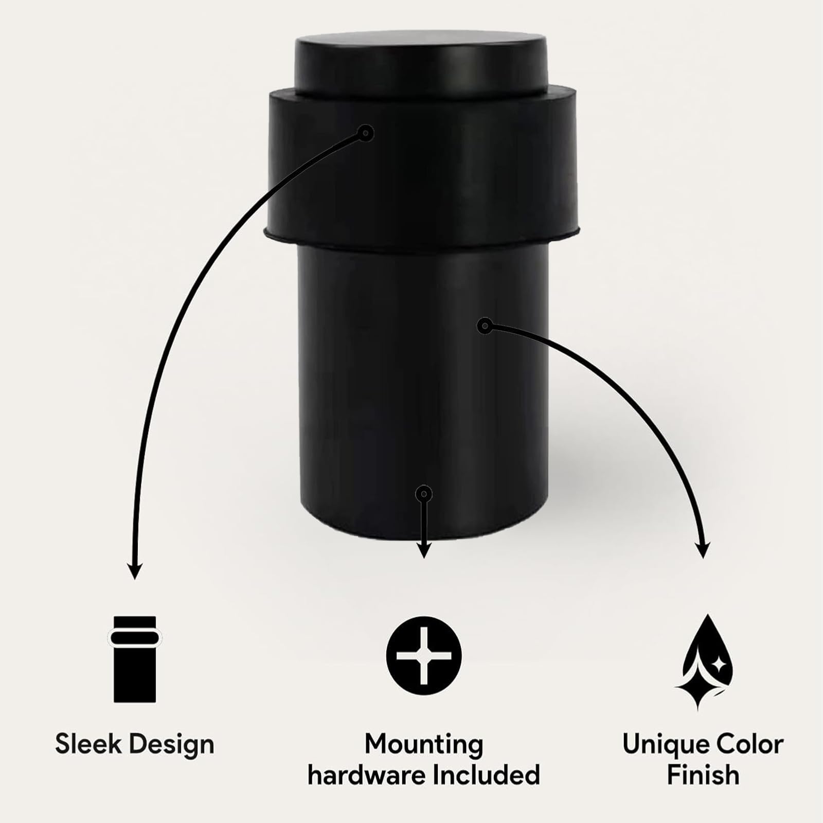 KHTUMEWARE 3801 cylindrical floor door stop dimension diagram, 1-1/2 in (38 mm) overall height, 1.38 in (35 mm) max diameter, Matte Black.