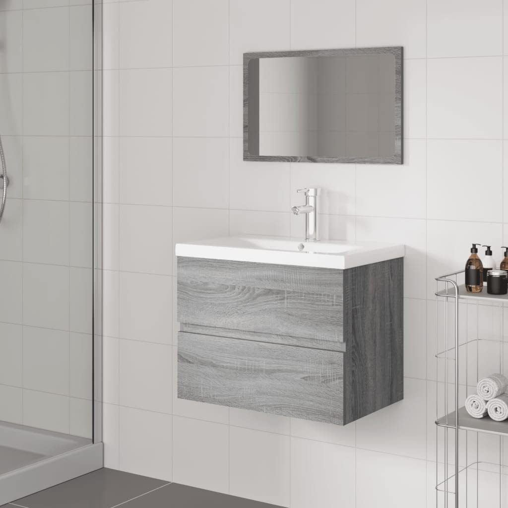 vidaXL Set de Muebles de Baño Espejo Lavabo Armario Almacenamiento Colgante Suspendido Pared Estante Cajones Madera Contrachapada Gris Sonoma