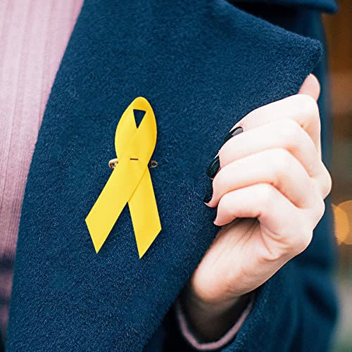 Image of 100 Pieces Yellow Satin Awareness Ribbons with Safety Pins for International Childhood Cancer Day 1.4 x 3 inch