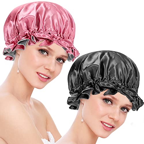2 Pieces Satin Bonnet Cap Double-Layer Sleep Cap Adjustable Large Satin Bonnet Solid Color Night Sleep Caps for Women Girls Night Sleeping (Pink, Black)
