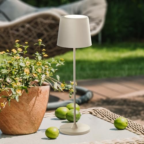 Lightbox LED Tischlampe für Innen & Außen | 37 cm / 23 cm Höhe, Ø 10 cm | beige Outdoor Tischleuchte mit Touch-Dimmer | mobil/kabellos/portable |...
