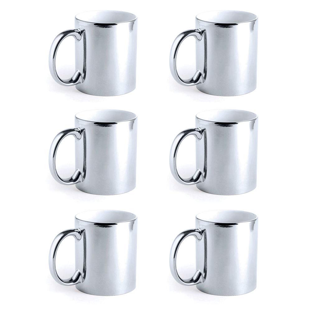 Ebuygb Silver Metallic Large 350Ml Ceramic Tea Coffee Mugs, Set Of 6 (Silver)