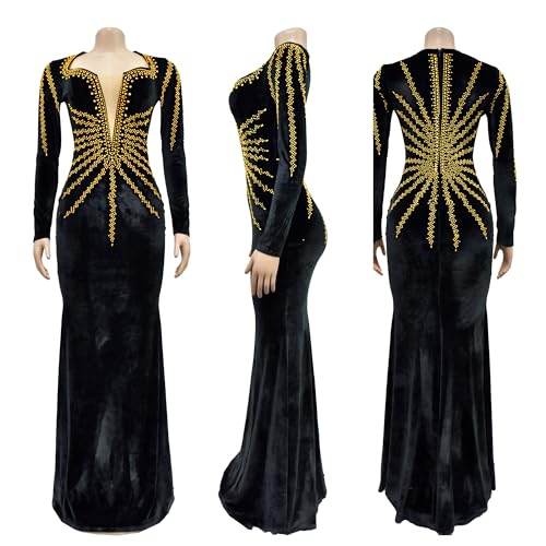 Image of Jigfar Women's Sexy Elegant Rhinestone Embellished Velvet Party Club Night Bodycon Formal Evening Maxi Dress