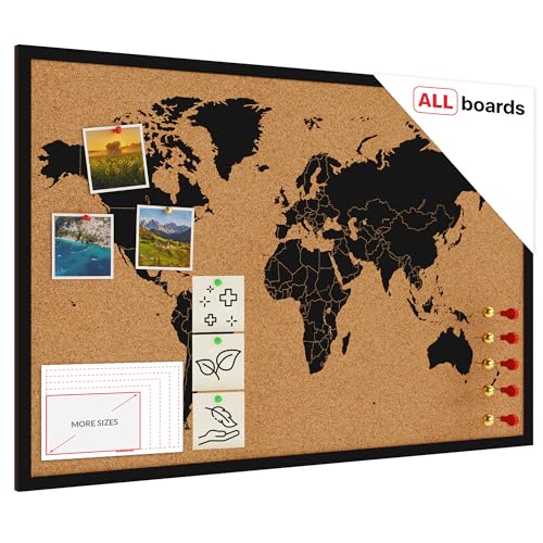ALLboards Tableau en liège CARTE DU MONDE cadre en bois NOIR 90x60 cm