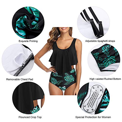 Image of Women High Waisted Bikini Swimsuit Flounce Vintage 2 Piece Bathing Suits | Vintage,tummy control,two piece bathing suits,plus size,swimwear,ruffled,tankini top,bikini bottom