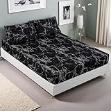 MAG 3PCS Black Marble Fitted Sheet Queen,Soft Microfiber Bed Sheets Included 1 Fitted and 2 Pillowcases,14 Inches Deep (Queen, Black)