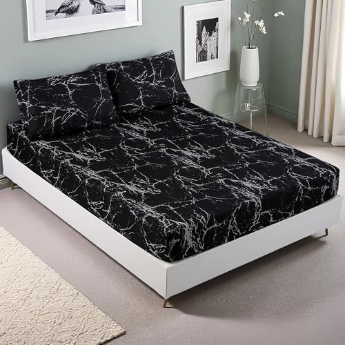 MAG 3PCS Black Marble Fitted Sheet Queen,Soft Microfiber Bed Sheets Included 1 Fitted and 2 Pillowcases,14 Inches Deep (Queen, Black)