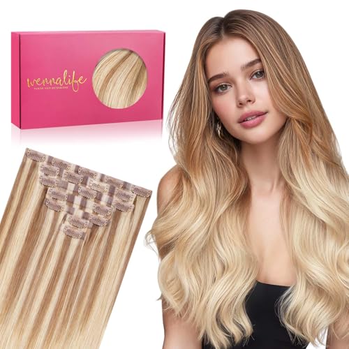 WENNALIFE Seamless Clip In Hair Extensions, 16 Inch 130g 7pcs Ash Beige Blonde Blend Hair Extensions Clip in Human Hair Invisible PU Skin Weft Natural Remy Human