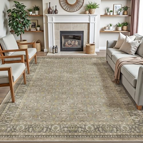 DEXI Area Rugs for Living Room, 8x12 Washable Low Pile Floral Rug for Bedroom, Non Slip Large Indoor Carpet for Dining Office Nursery, Dark Brown