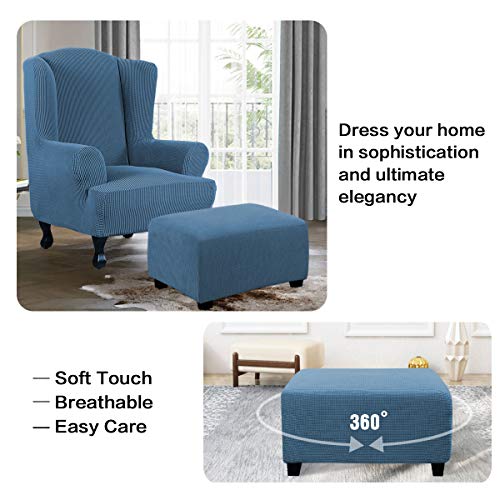 Image of H.VERSAILTEX Ottoman Cover Slipcover Rectangle Fit Length 33'-38' Footrest Sofa Slipcovers Stool Cover Footstool Protector Covers Feature Stretch Thick Jacquard Fabric Removable Washable - Dusty Blue