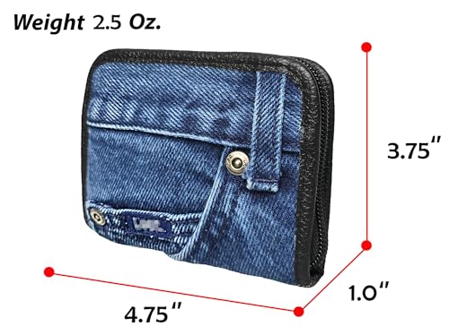 Image of Compact Denim Wallet Zipper Around Small Card Holder Coin Purse Slim Mini Blue