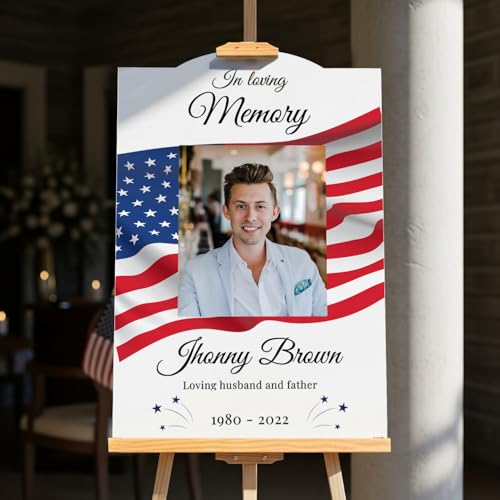 Image of Personalized in Loving Memory Funeral Sign with Photo - USA Patriotic Memorial Signs - Memory Sign for Funerals - Celebration of Life Decorations